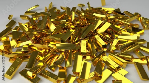 many gold bars falling on the white plane, 3d rendering