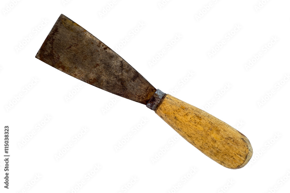 Old spatula with wooden handle isolated on white background.Clipping path Old spatula with wooden handle isolated on white background.Clipping path