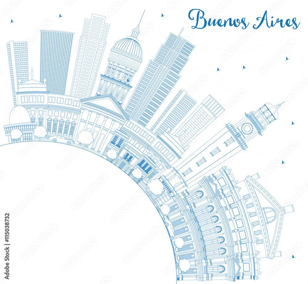 Outline Buenos Aires Skyline with Blue Landmarks and Copy Space.