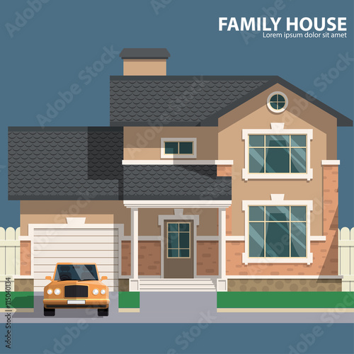Family house and car. Hearth and home. Flat design. For your project. Vector Illustration