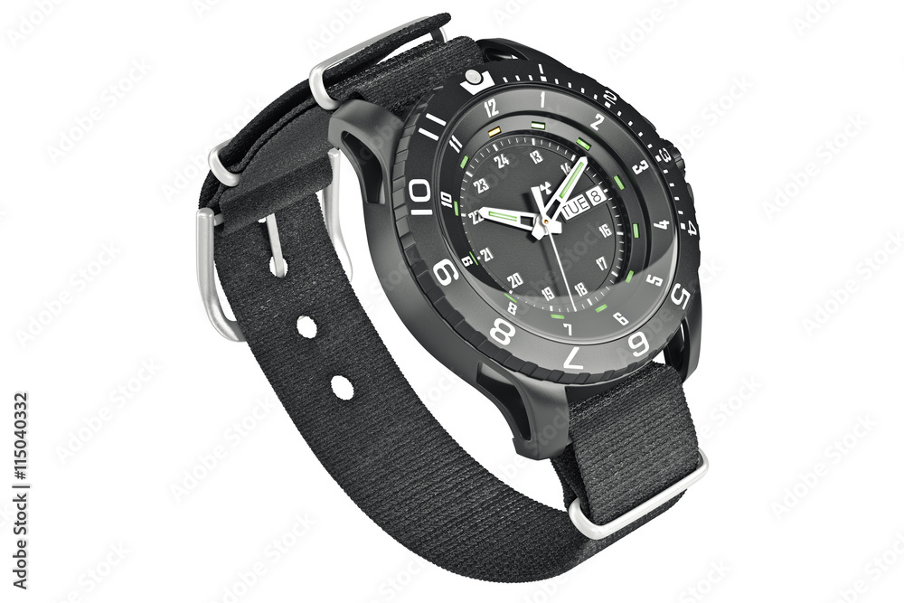 Watch military black textile accessory bracelet on wrist. 3D graphic Watch military black textile accessory bracelet on wrist. 3D graphic