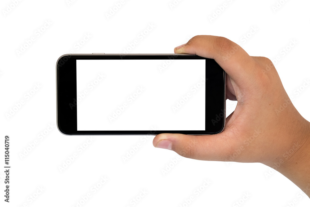 Beautiful hand holding black phone isolated on white background with clipping path. Beautiful hand holding black phone isolated on white background with clipping path.