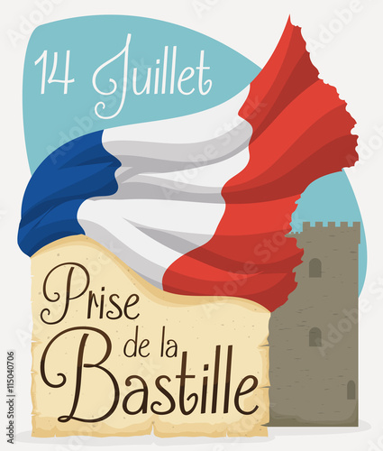 Design with French Flag, Scroll and Fortress for Bastille Celebration, Vector Illustration