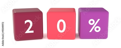 3d illustration of 20 percent word from colored cubes 