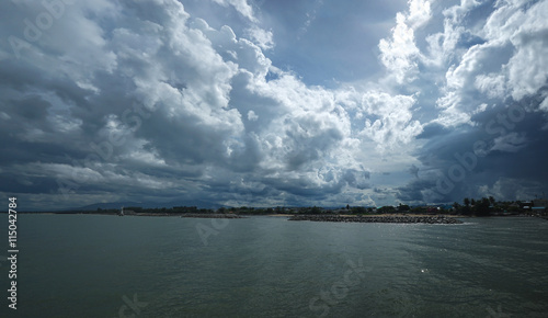 dark blue sea and blue sky with rainy cloud © ittoilmatar