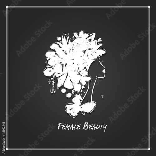 Female portrait, white silhouette on black for your design