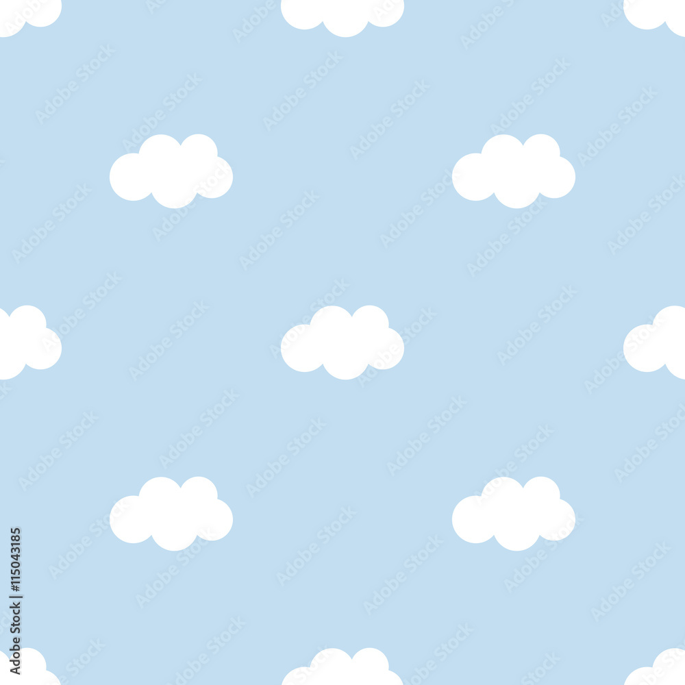 Flat design cute blue sky with clouds seamless pattern background.