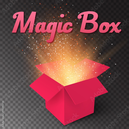 Illustration of Realistic Magic Open Box. Magic Gift Box with Magic Light Comming from Inside Isolated on Transparent Overlay Background