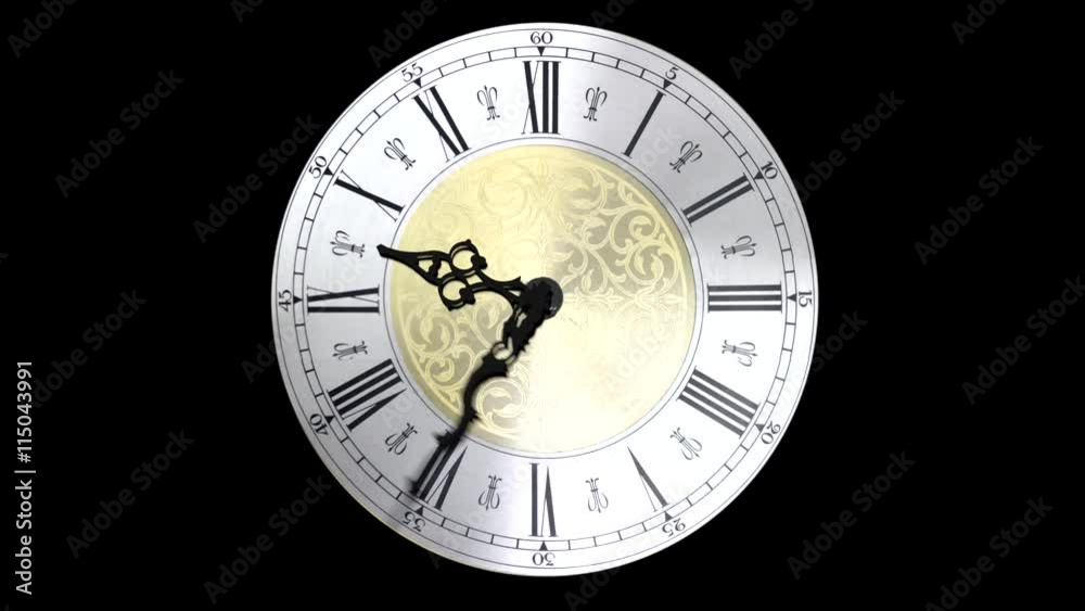 Clock face running backward at speed ornate grandfather time travel 4K