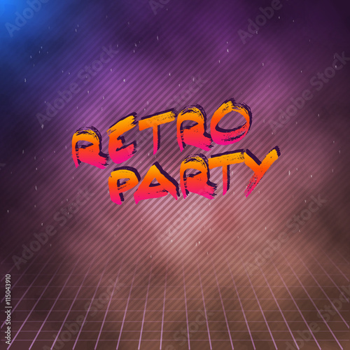 Illustration of Retro Party 1980 Neon Poster. Retro Disco 80s Background with Triangles, Flares, Partickles photo