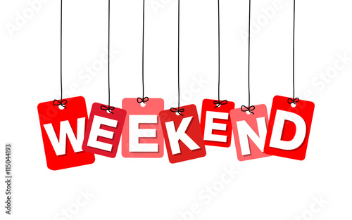 Vector colorful hanging cardboard. Tags - weekend