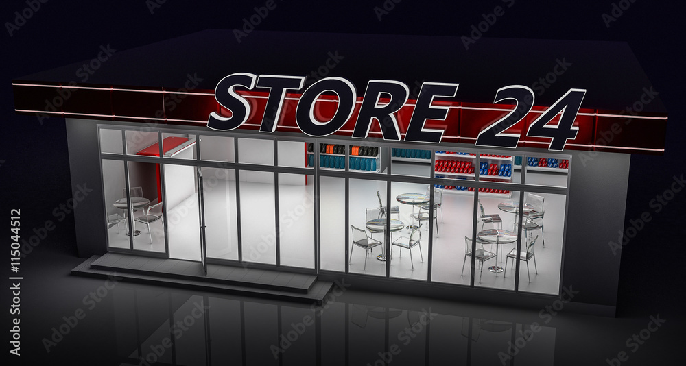 3D illustration of a 24-hour store at night 3D illustration of a 24-hour store at night