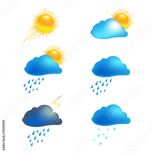 Set of weather icons. Sunny, cloudy, rainy and snowy weather, thunderstorm signs for weather information and forecast. Vector Illustration