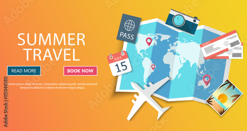 Trip to World. Travel to World. Vacation. Road trip. Tourism. Travel banner. Journey. Travelling illustration. Modern flat design. EPS 10. Colorful.