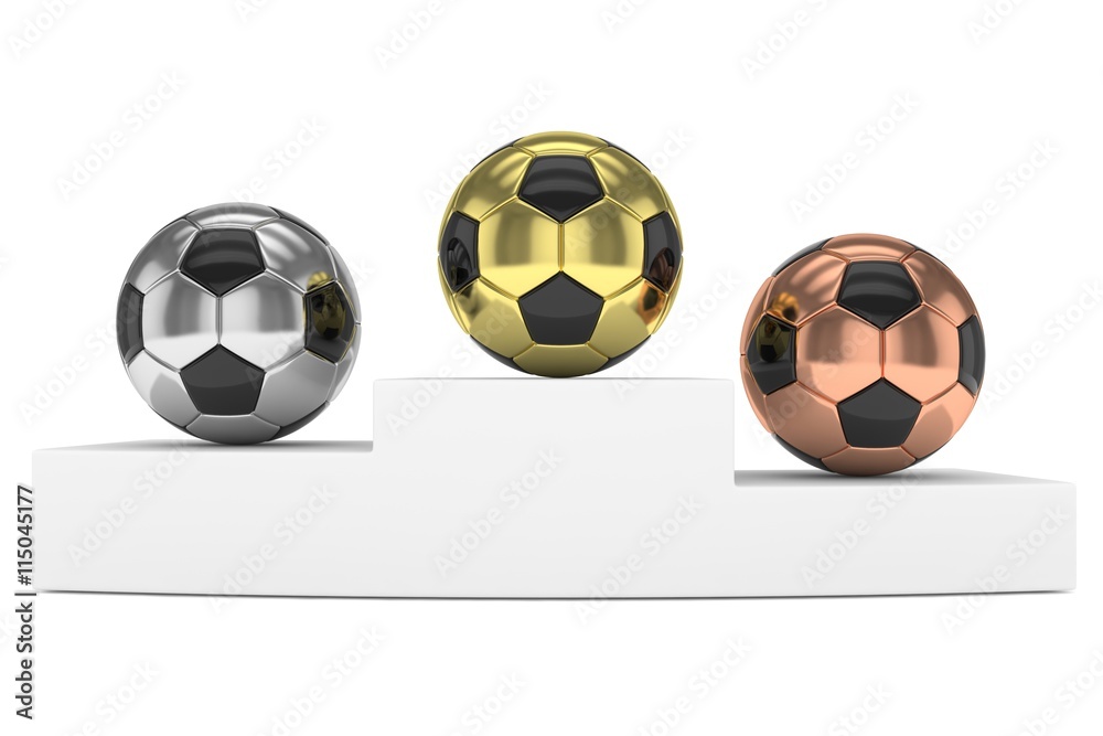 Three gloss soccer balls on white pedestal. 3D rendering. Three gloss soccer balls on white pedestal. 3D rendering.