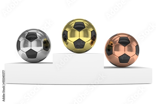 Three gloss soccer balls on white pedestal. 3D rendering.