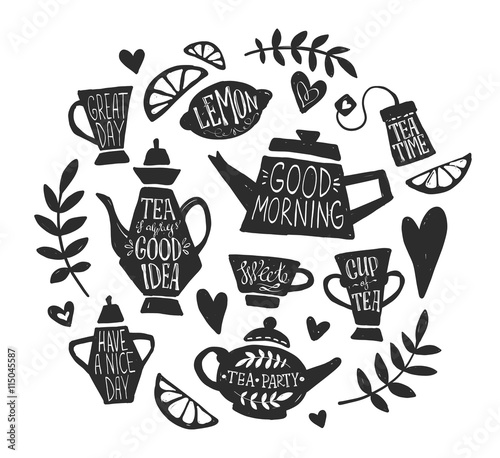 Tea party handsketched doodle set. Tea lettering, vector typography elements. Sketched kettle, cup, tea bag, lemon, hearts and branches. Vintage tea time collection. Different teapots and cups.
