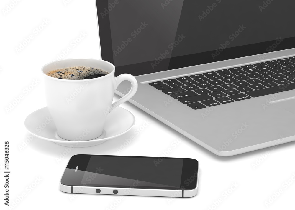 Laptop smartphone and coffee cup on white. 3d rendering. Laptop smartphone and coffee cup on white. 3d rendering.