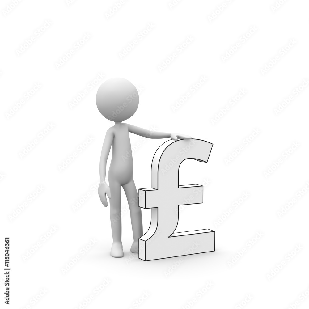 3D Cartoon Karakter - Weißes kleines 3D Männchen mit britischem Pfund Währungszeichen, Symbol. Schwarzweiß rendering isoliert auf weißem Hintergrund mit sanftem Schatten auf dem Boden. 3D Cartoon Karakter - Weißes kleines 3D Männchen mit britischem Pfund Währungszeichen, Symbol. Schwarzweiß rendering isoliert auf weißem Hintergrund mit sanftem Schatten auf dem Boden.