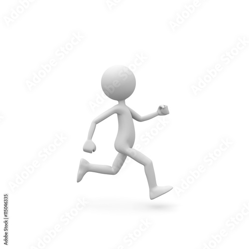 3D Cartoon Karakter - Weißes kleines 3D Männchen beim Laufen. Figur rennt von links nach rechts. Schwarzweiß rendering isoliert auf weißem Hintergrund mit sanftem Schatten auf dem Boden.