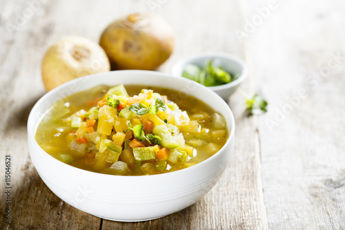 Homemade soup with turnip and other vegetables