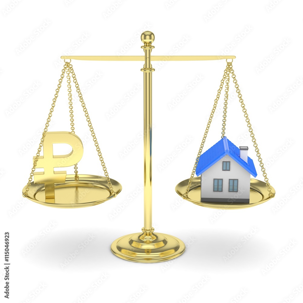 Isolated golden scales with golden rouble and house on white background. Investment or savings concept. Real estate and currency. 3D rendering. Isolated golden scales with golden rouble and house on white background. Investment or savings concept. Real estate and currency. 3D rendering.
