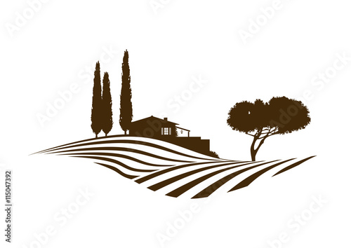 mediterrane vektor Landschaft mit Feldern, Haus und Baum