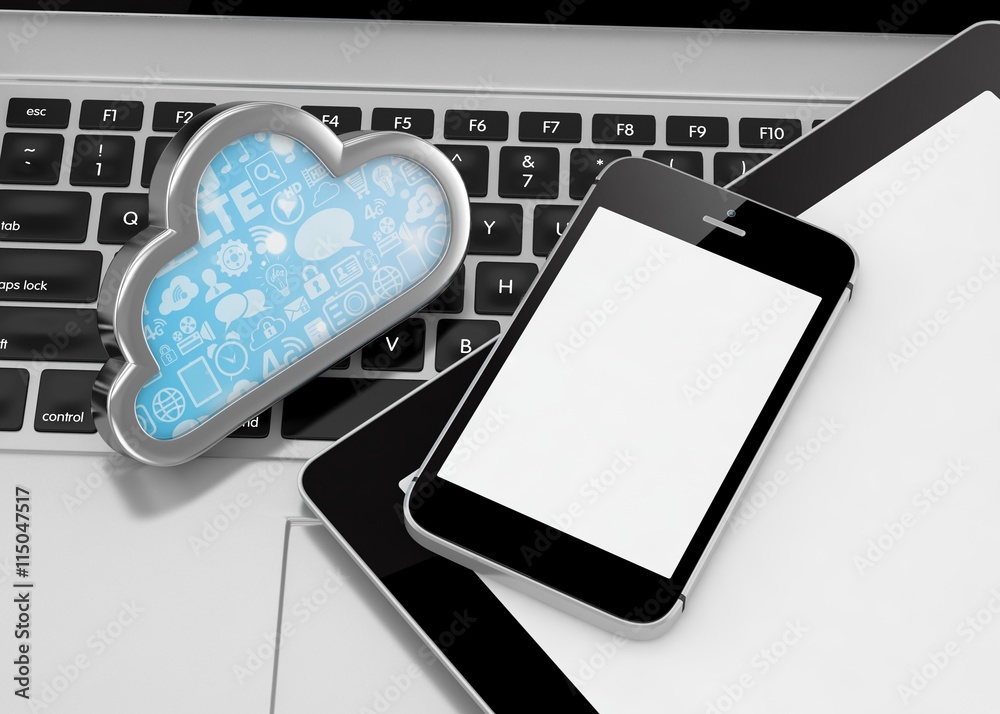 laptop, tablet pc, smart phone and cloud. 3d rendering. laptop, tablet pc, smart phone and cloud. 3d rendering.