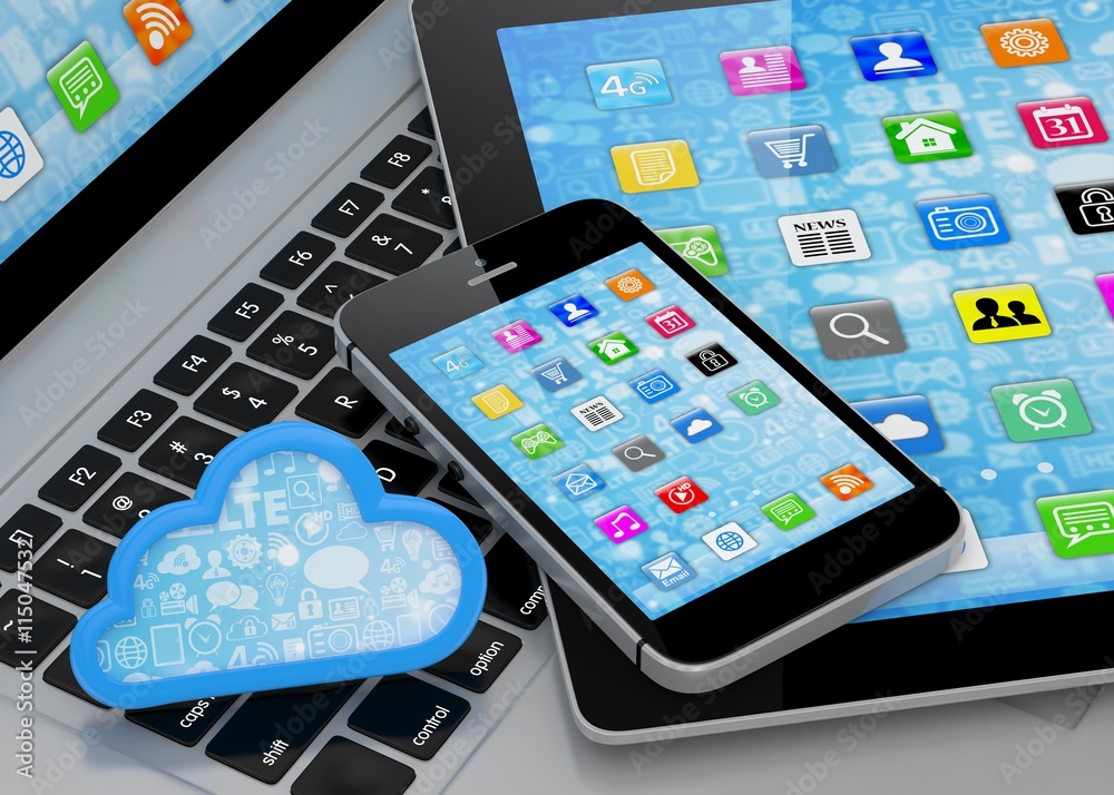 laptop, tablet pc, smart phone and cloud. 3d rendering. laptop, tablet pc, smart phone and cloud. 3d rendering.