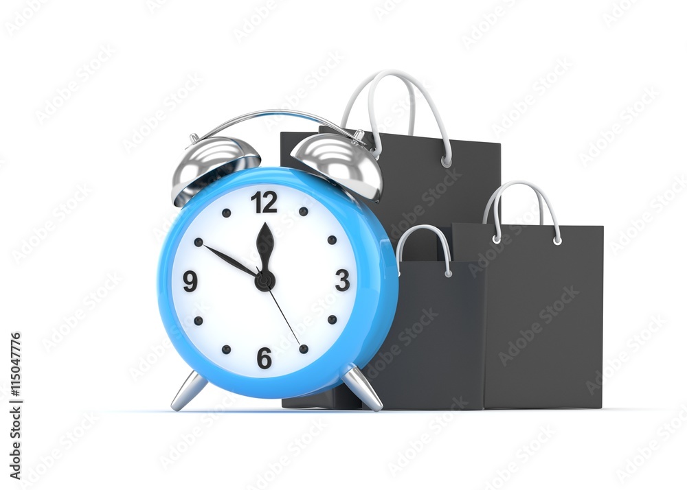 alarm clock and shopping bag (time to buy concept). 3d rendering. alarm clock and shopping bag (time to buy concept). 3d rendering.