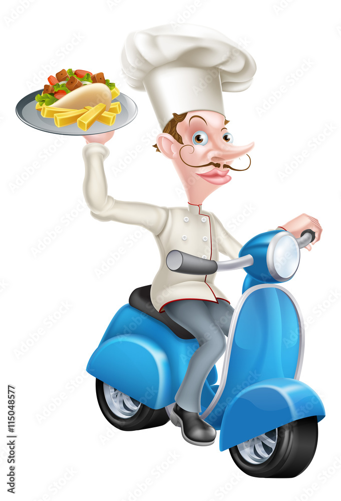 Cartoon Chef on Scooter Moped Holding Kebab Cartoon Chef on Scooter Moped Holding Kebab