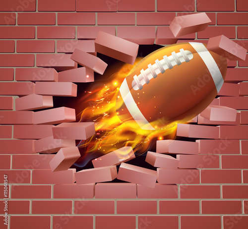 Flaming American Football Ball Breaking Through Brick Wall