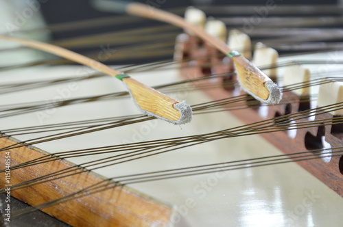 close up of dulcimer string and wooden bat