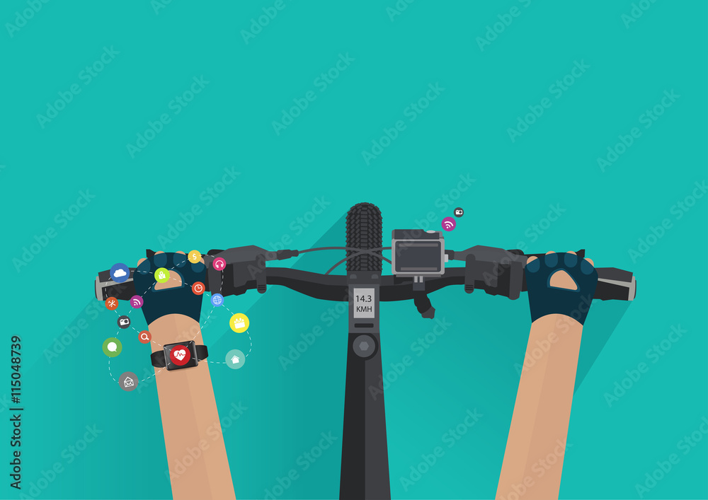 Fototapeta premium Hands riding a bike with wearing a smartwatch heart rate monitor