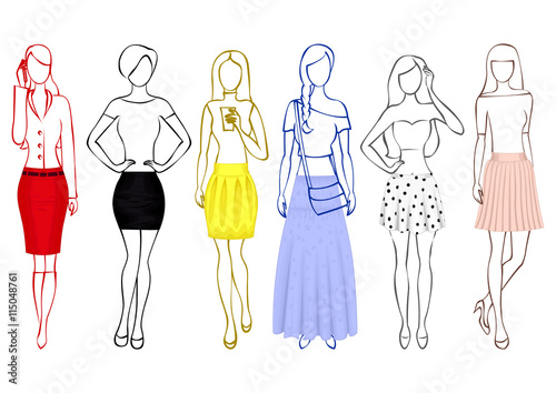 A set of sketches of girls without faces in colorful skirts isolated on the white background
