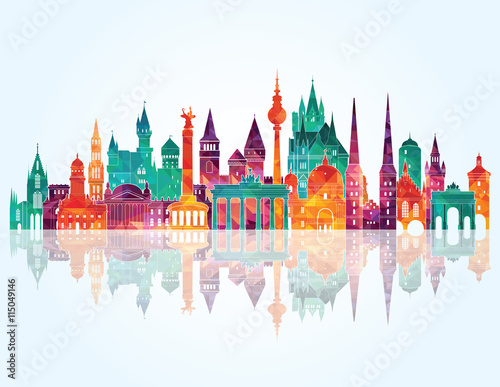 colorful city skyline reflected on white clip art preview
