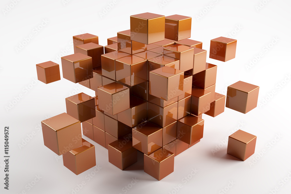 3d orange cubes scatter in different directions. Abstract reflected