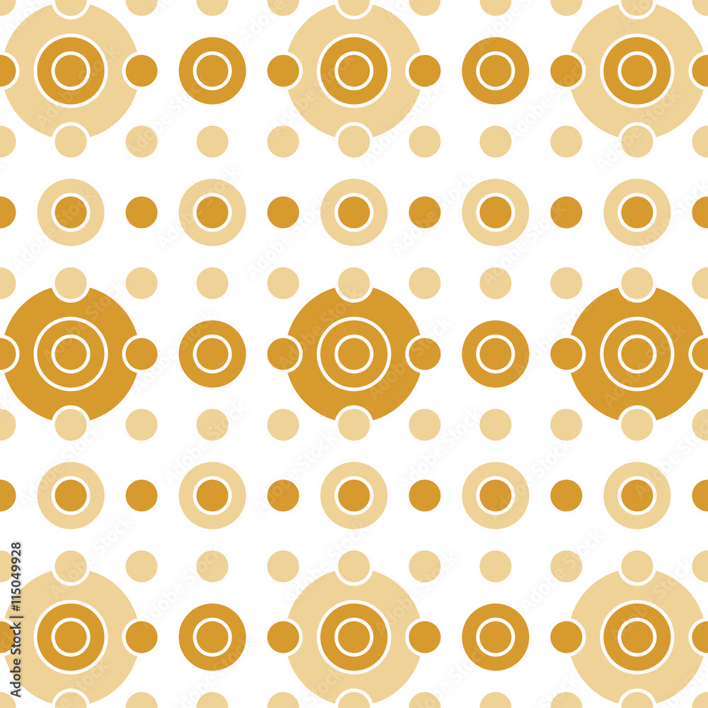 Seamless pattern with dots and circles. Light beige, brown and gold ornament. Decoration repeated pattern of rings and discs. Abstract circles and polka dot background.