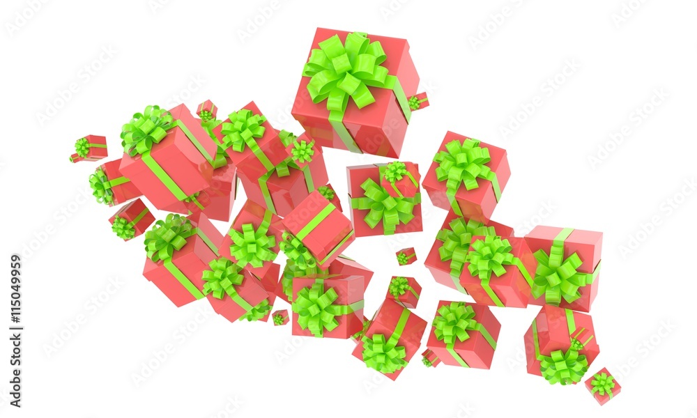 flying gift boxes on white. 3d rendering.
