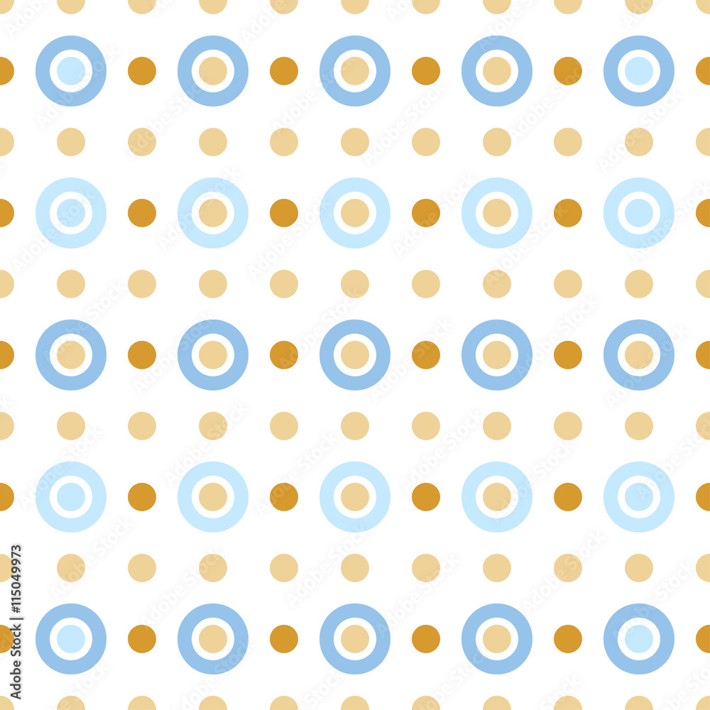 Seamless pattern with dots and circles. Light beige, blue and gold ornament. Decoration repeated pattern of rings and discs. Abstract circles and polka dot background.