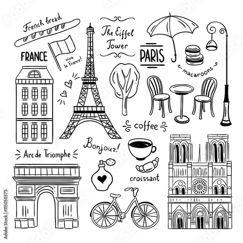 Paris vector clipart. Hand drawn France Paris doodles