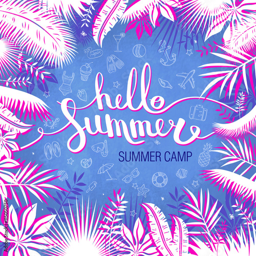 Hello summer camp, inscription on a blue background with leaves. poster, holiday and Travel themed, vector illustration.