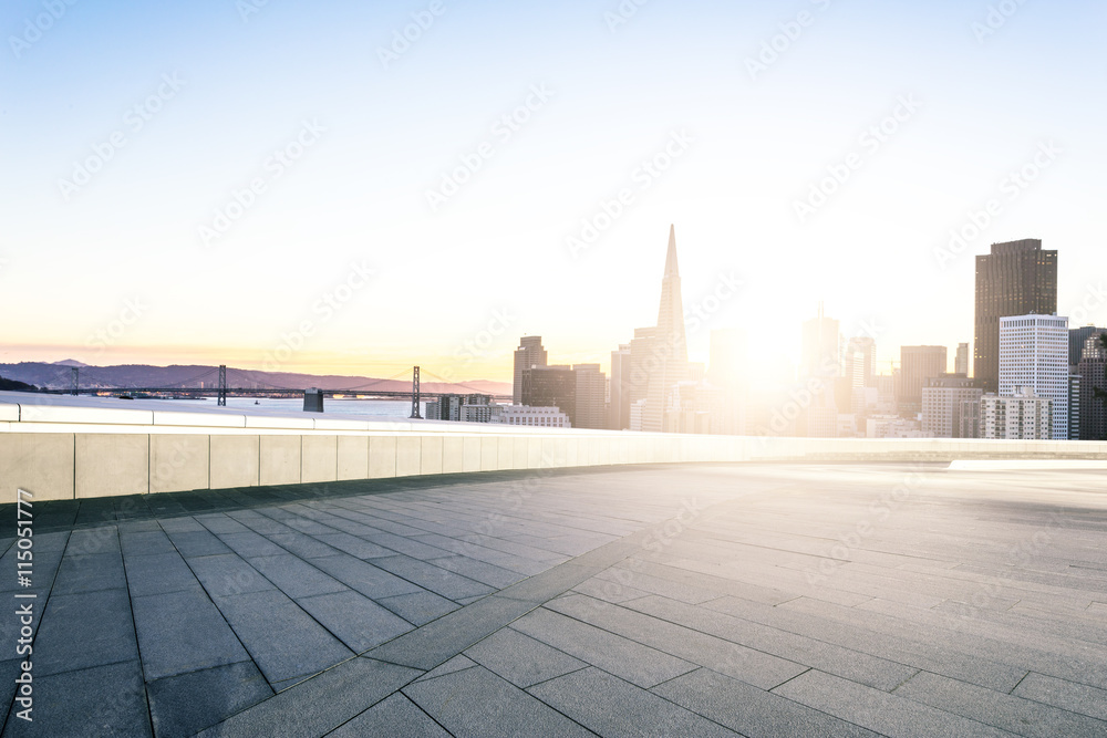 empty floor with cityscape and skyline of san francisco in sunny