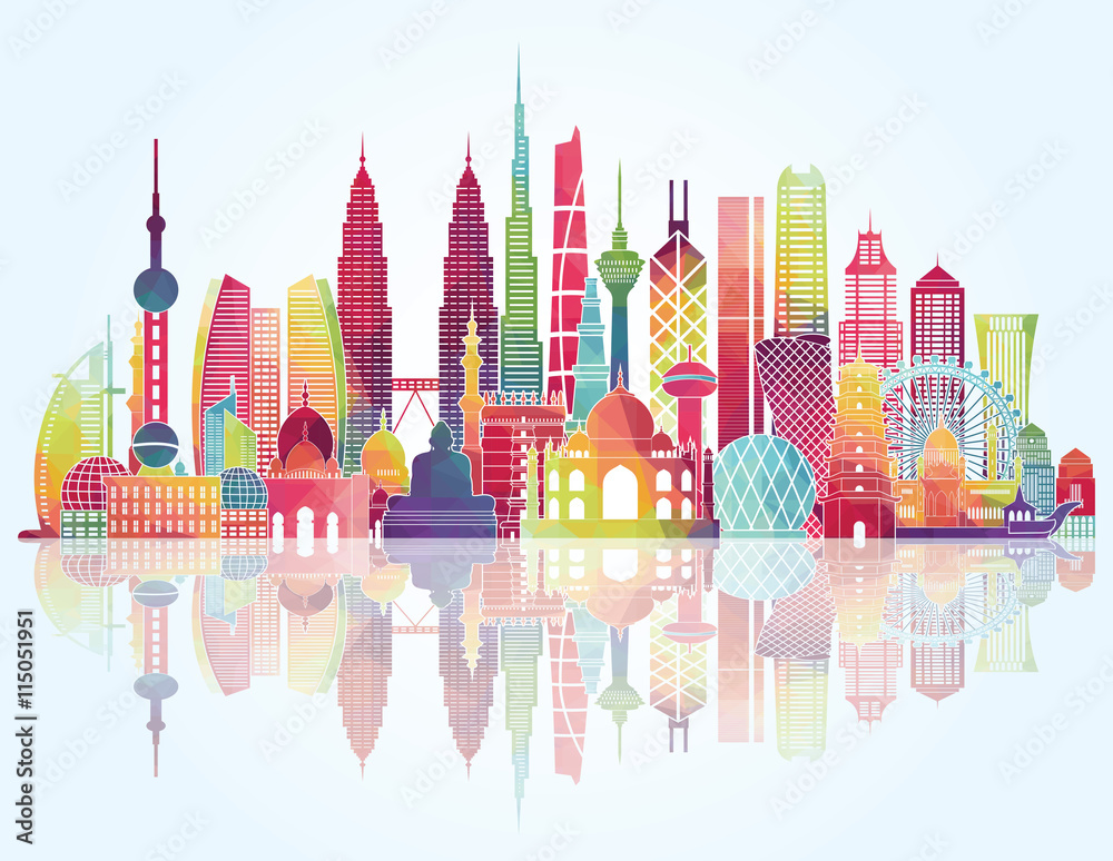 Asia skyline detailed silhouette. Vector illustration
