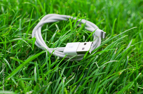 White USB cable on grass detail
