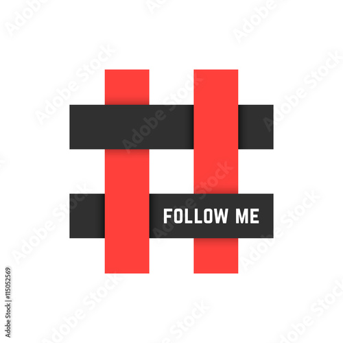 red and black hashtag icon with follow me text
