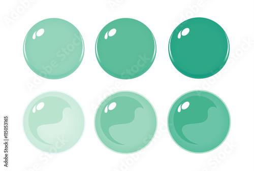 Illustration of icon bottons isolated on white. Set of Green color labels, 6 bottons. Graduation color. Glass balls. Vector 