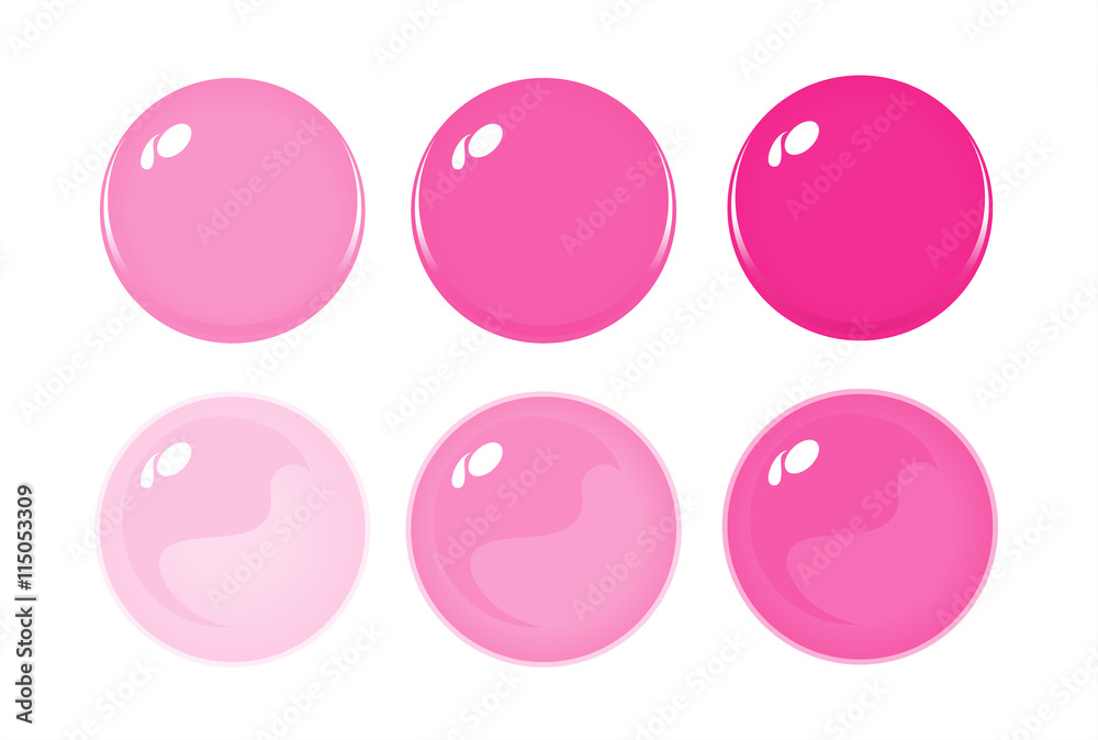 Obraz premium Illustration of icon bottons isolated on white. Set of Red, Pink color labels, 6 bottons. Graduation color. Glass balls. Vector 