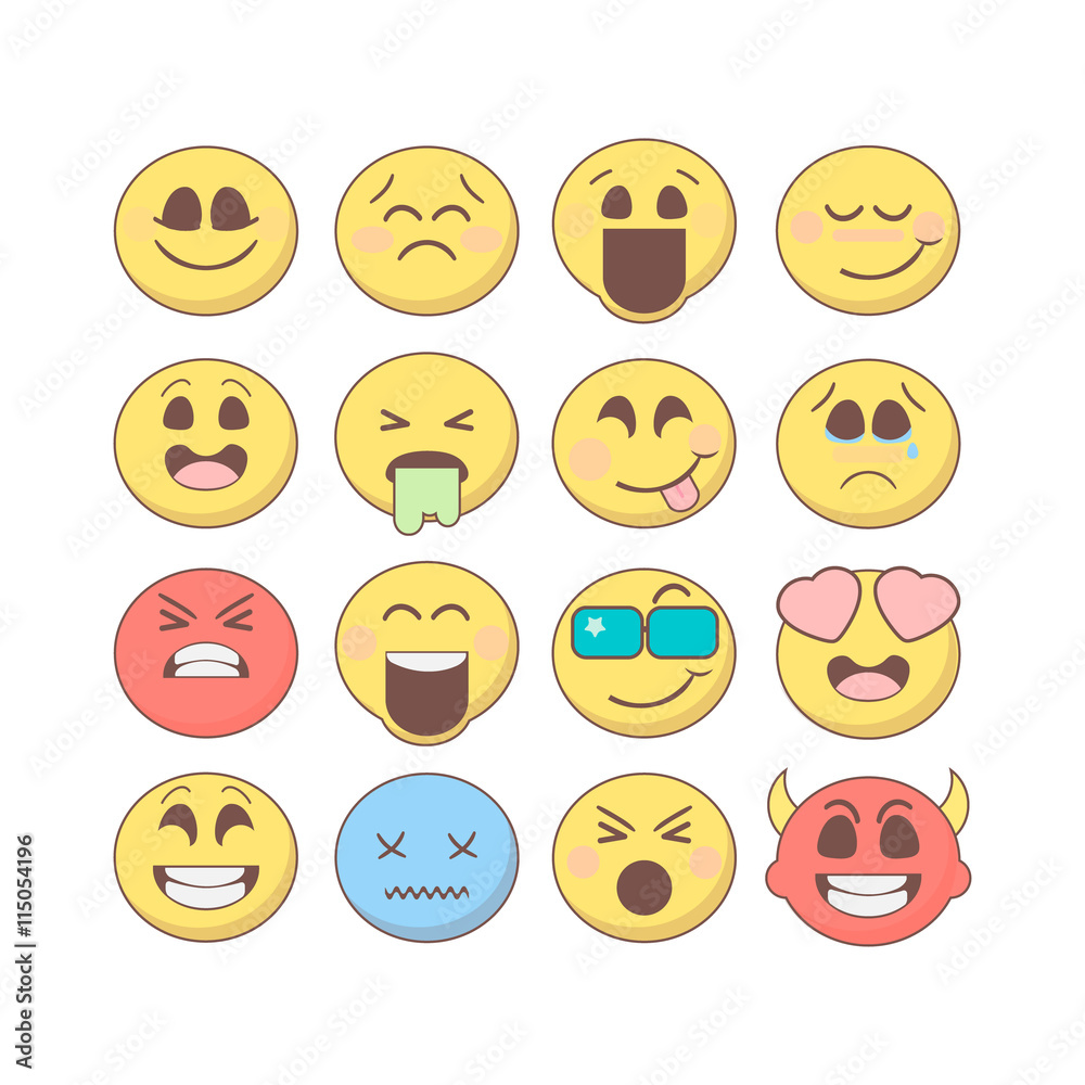 Fototapeta premium Set of emoticons, emoji isolated on white background. Set of vector emoji in flat style. Smiley emoticons collection. Emoticons for web, mobile, chat, print and games.