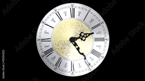 Clock face running backward at speed ornate grandfather time travel 4K
 photo